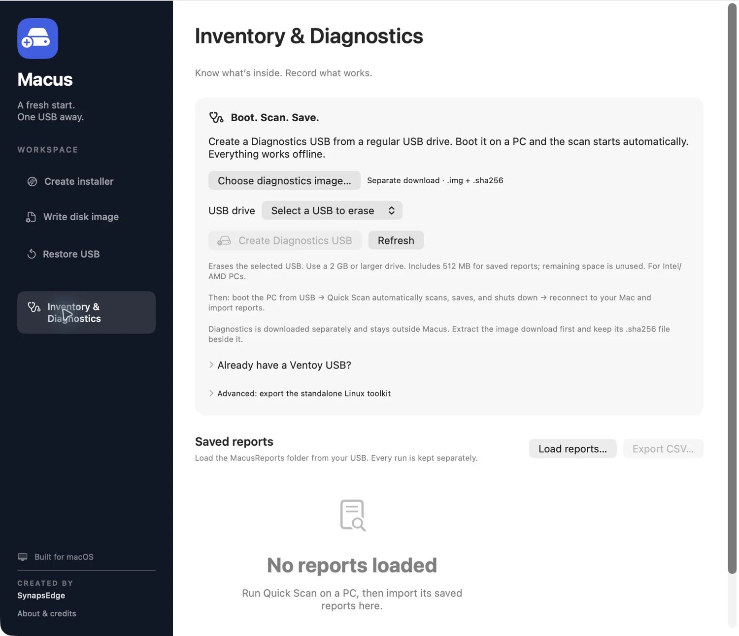 The MACUS Inventory & Diagnostics workspace with controls to choose an image, create a diagnostics USB, and load saved reports.