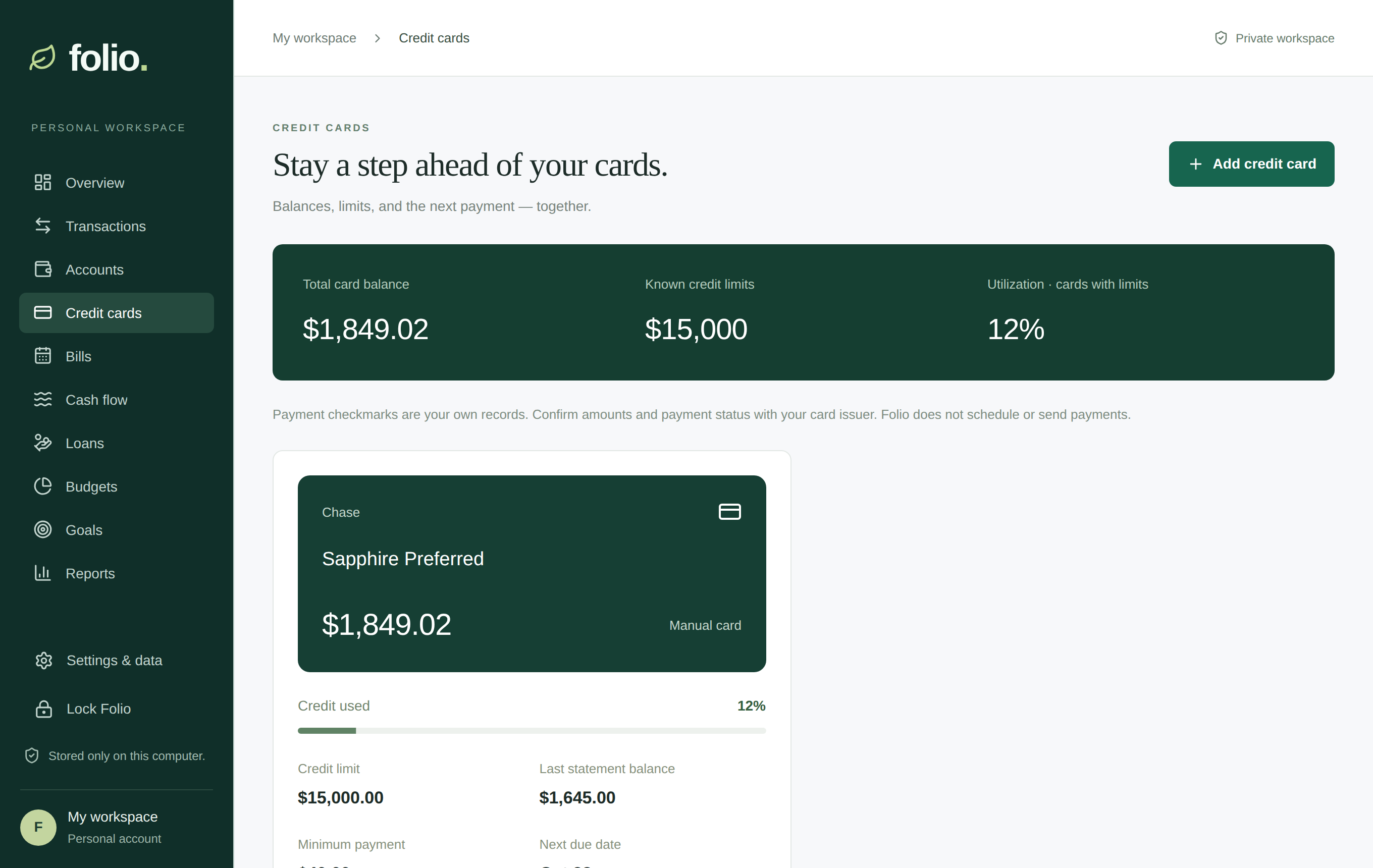 The Credit cards page with balances, limits, and payment details for fictional cards.